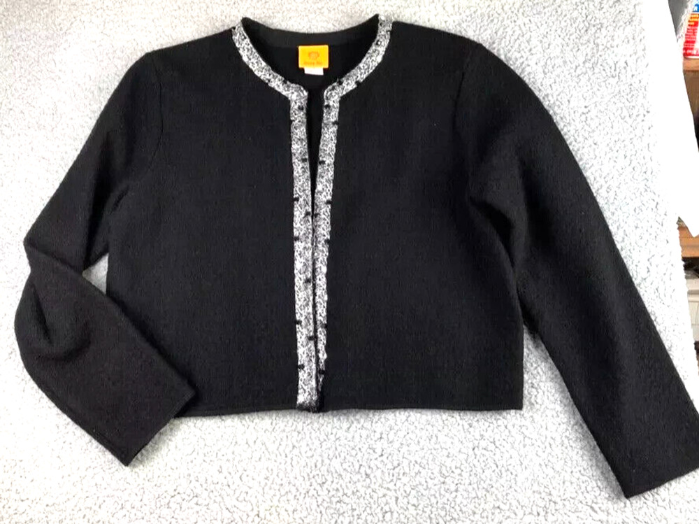 Ruby Road Black Holiday Rhinestone 100% Wool Cardigan Size M Placket Long Sleeve
